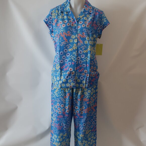 NWT Womens The Cat's Pajamas Cerulean Floral Blue Multi 2 Pc Set Top Bottom L - Picture 5 of 15